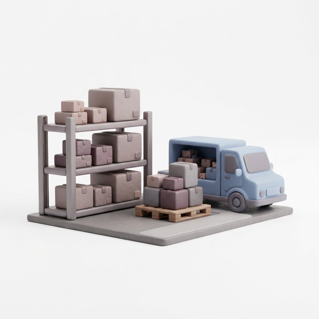 Illustration of warehouse shelves with boxes and a delivery truck