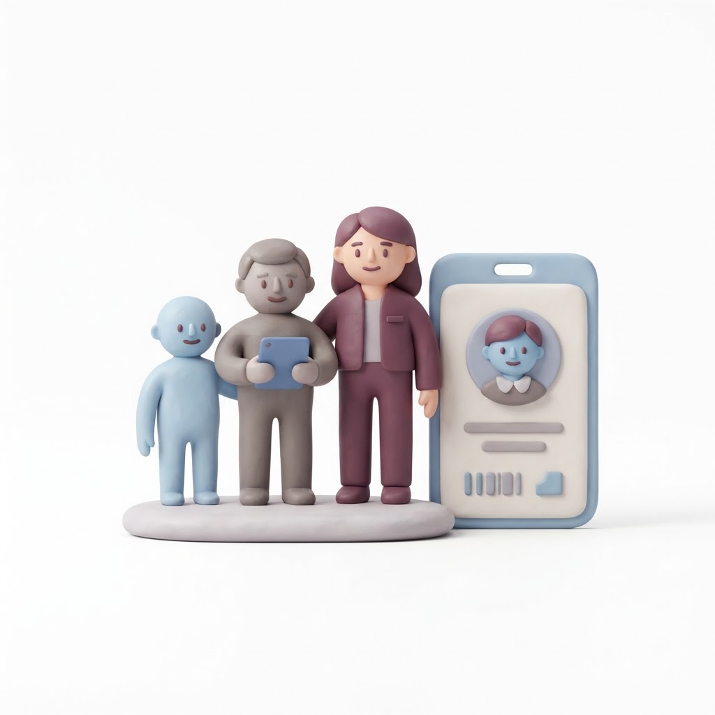 Illustration of three people figures standing next to an employee ID badge