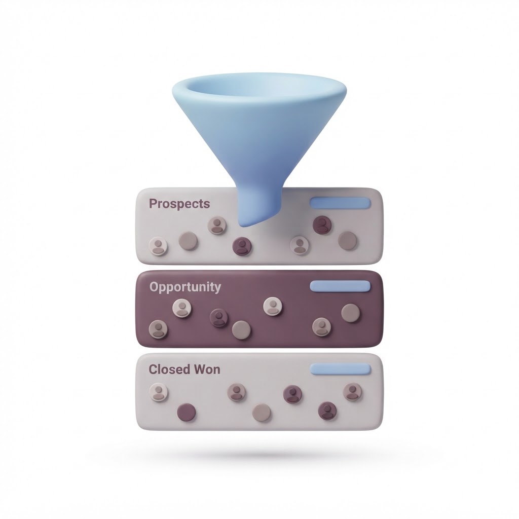 Illustration of a sales pipeline with contact records and a funnel
