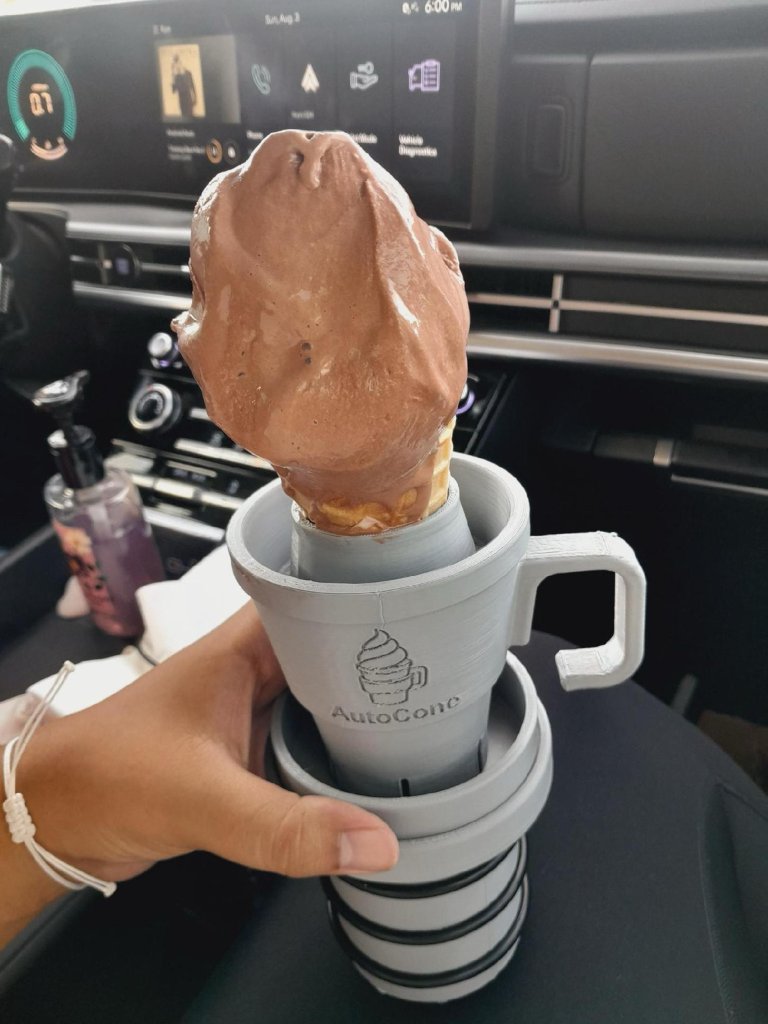 AutoCone holding chocolate cone in car cupholder