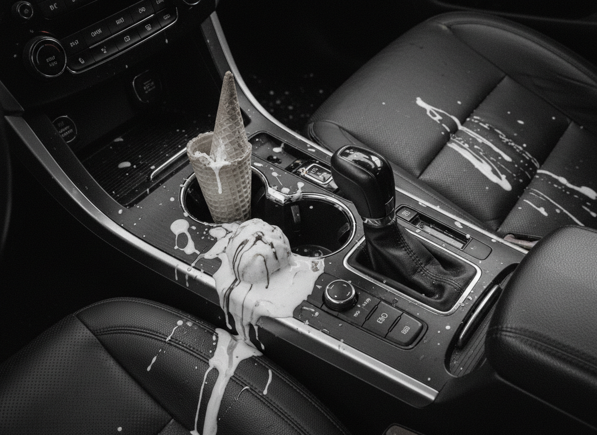 Messy car interior with melted ice cream spilled everywhere from a tipped cone