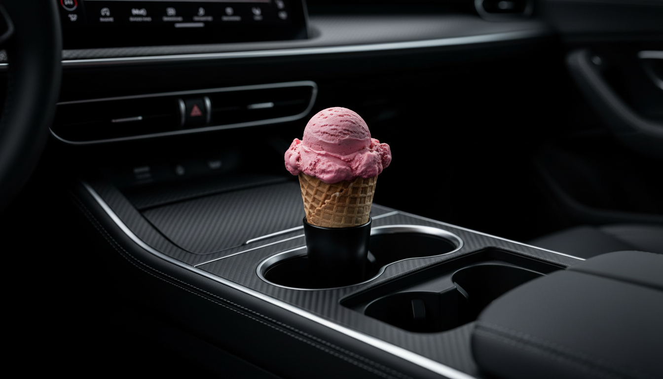 AutoCone ice cream cone holder sitting perfectly in a luxury car center console cupholder