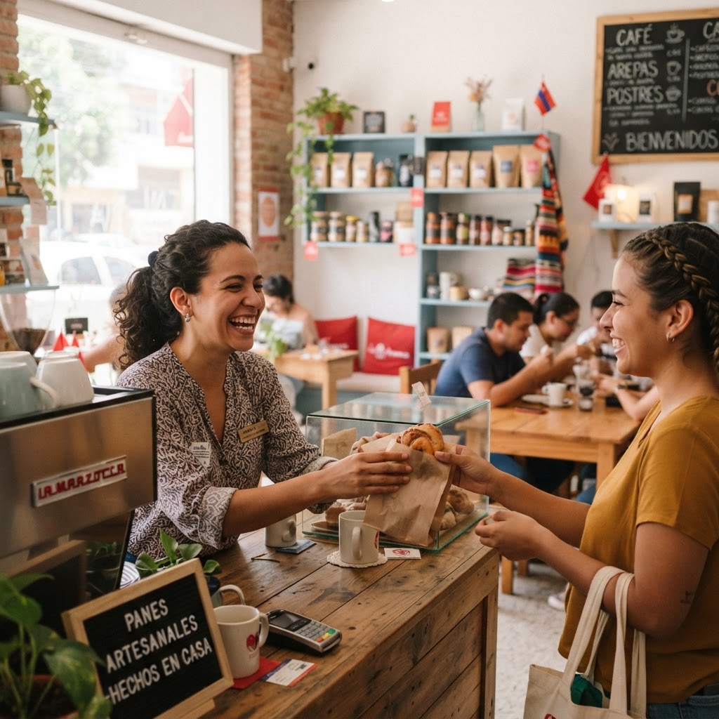 Dueña de un negocio local atendiendo a un cliente en su comercio, sonriendo frente al mostrador