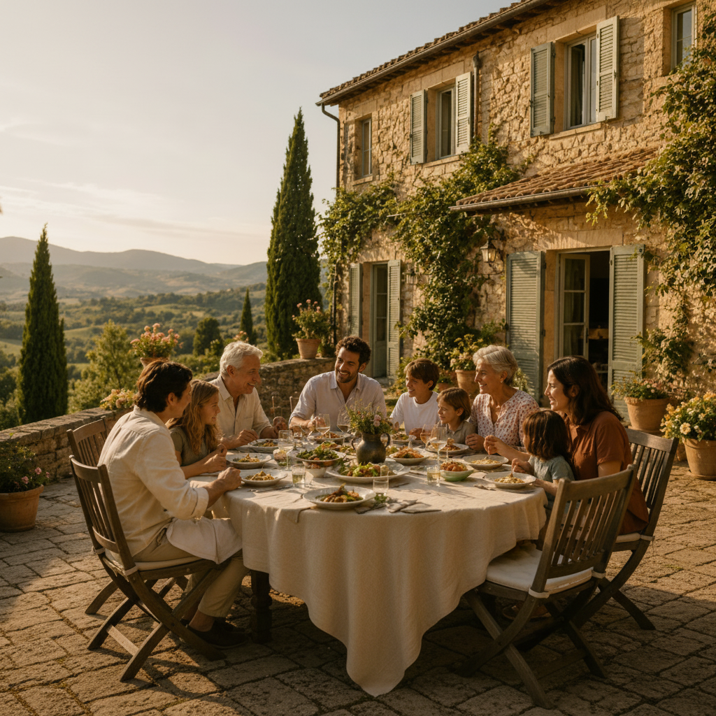 Tuscan villa terrace with outdoor dinner setting at golden hour