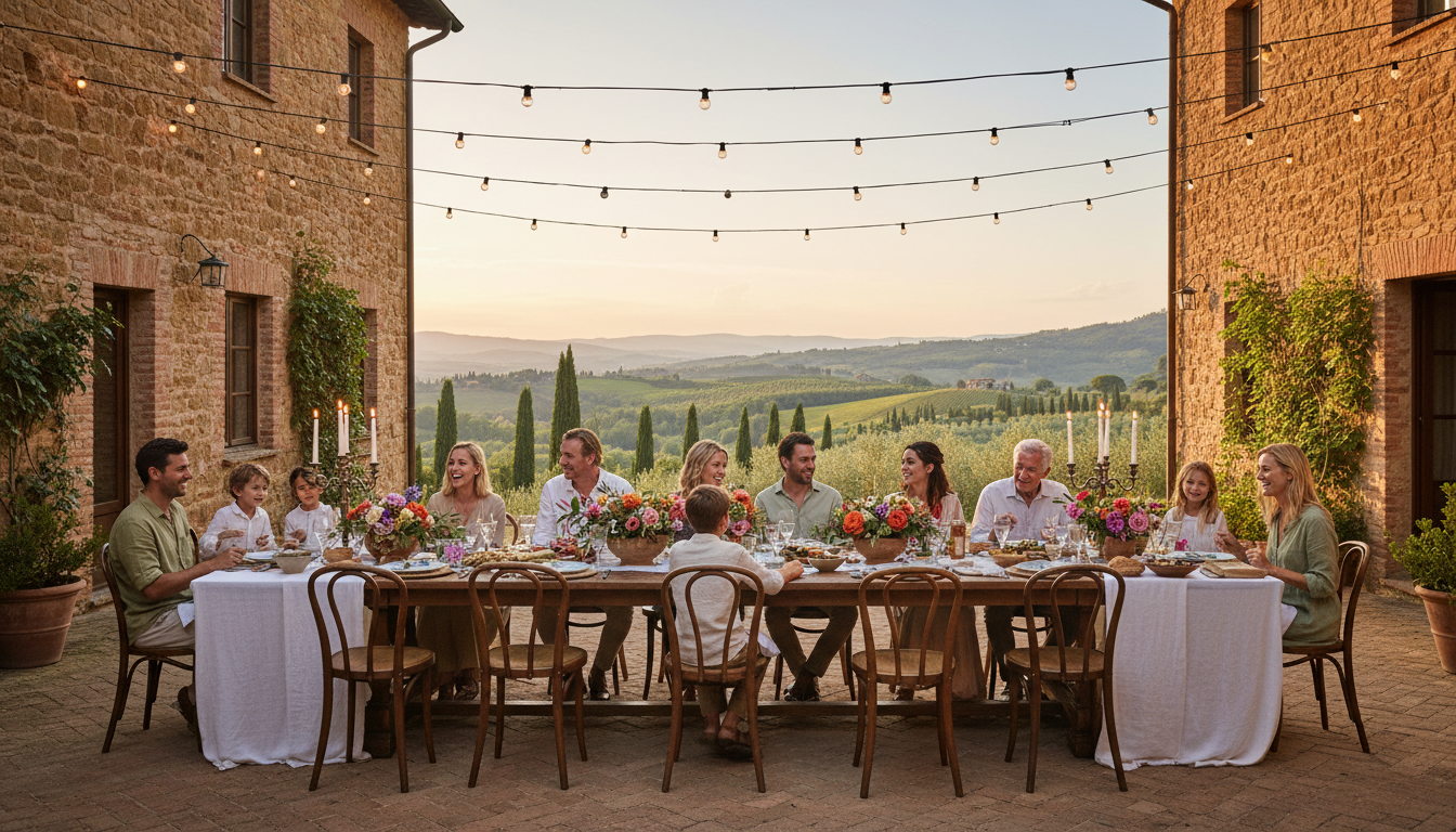 Family dinner at European countryside estate