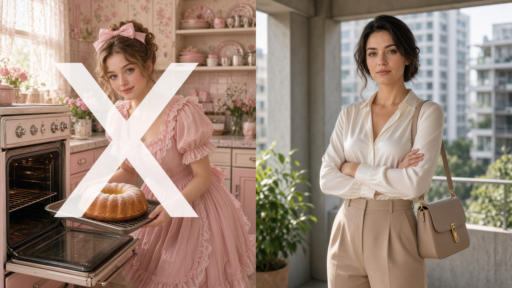 Contraste: à esquerda a moça de vestido rosa e laço fazendo bolo na cozinha, personagem da internet; à direita a mulher real, elegante e dona de si