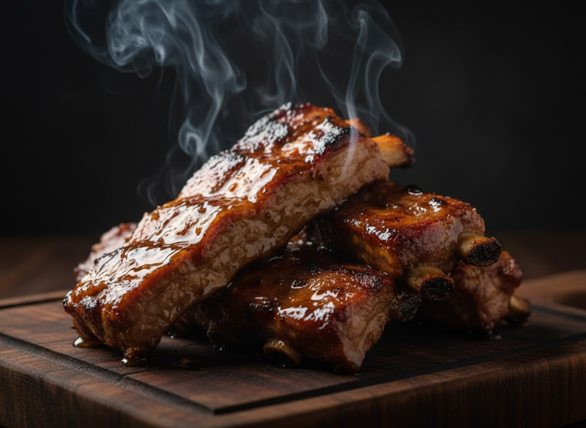 Close-up of flame-grilled pork ribs with honey glaze on dark wood