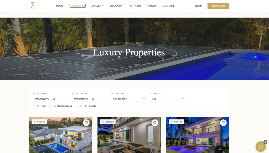 Luxury vacation rental hero website