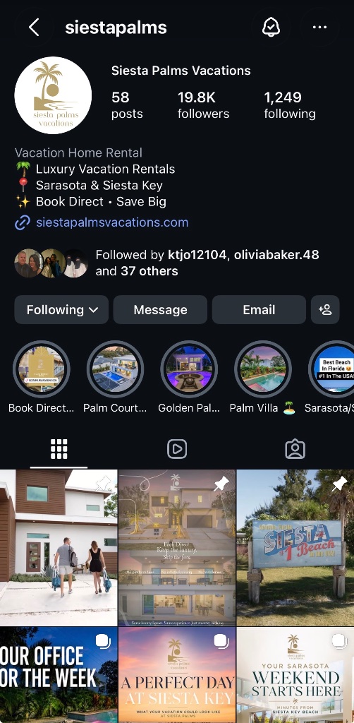 Instagram profile example - Siesta Palms Vacations