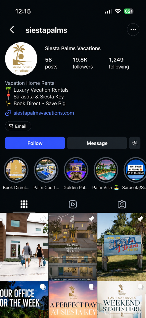 Instagram profile example - Siesta Palms Vacations with 19.8K followers