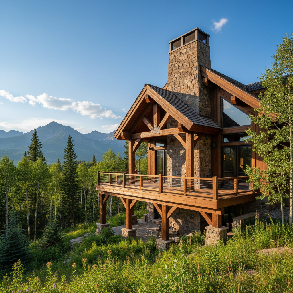 Timber mountain home nestled in a pine forest