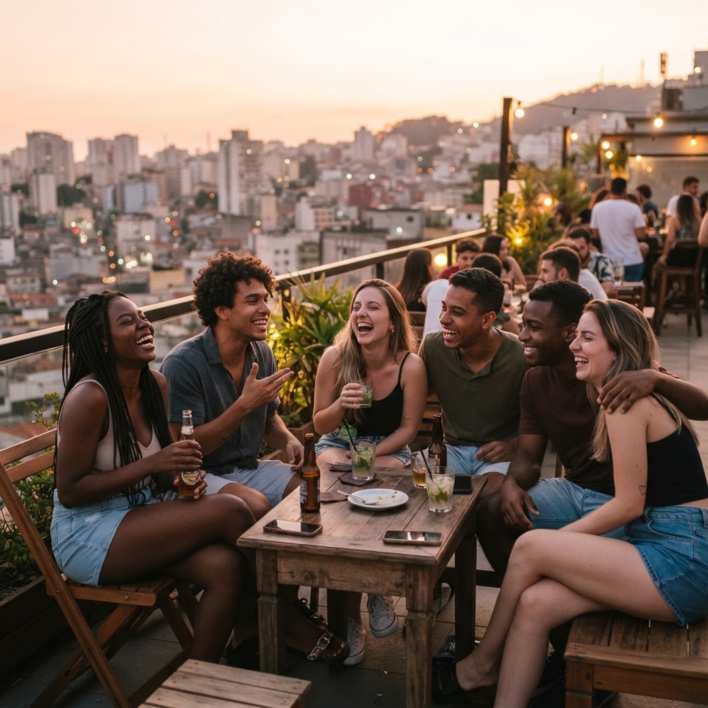 Grupo de amigos brasileiros conversando em um rooftop ao pôr do sol