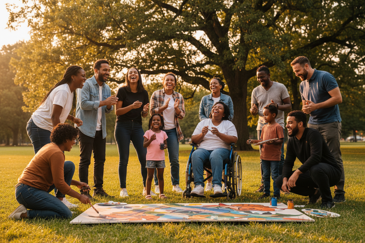 Community members sharing a moment of connection and laughter in a sunlit park