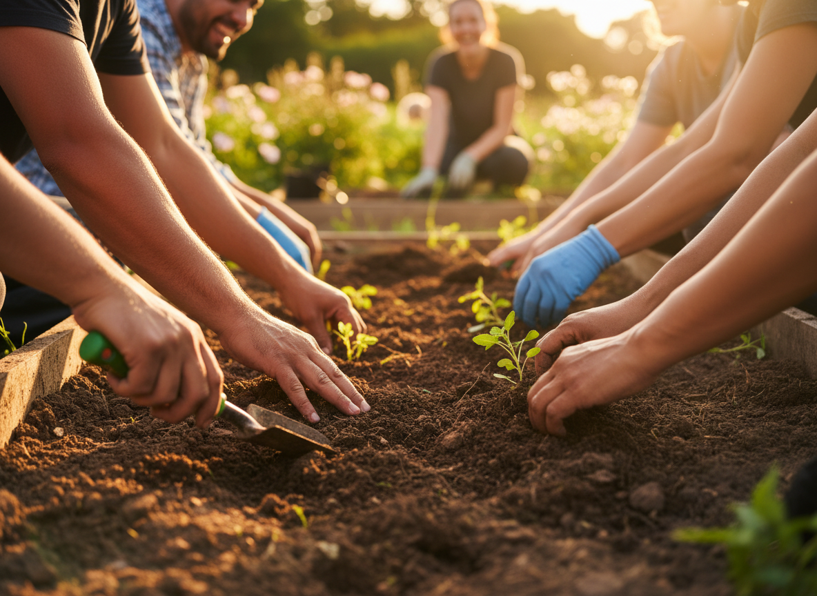 Community volunteers working together in a garden, planting and nurturing growth