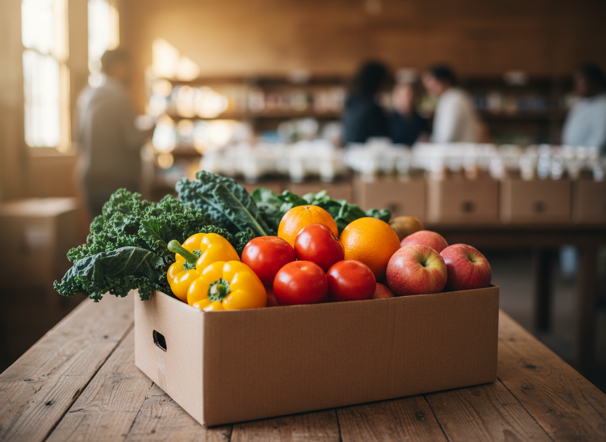 Fresh produce boxes ready for distribution