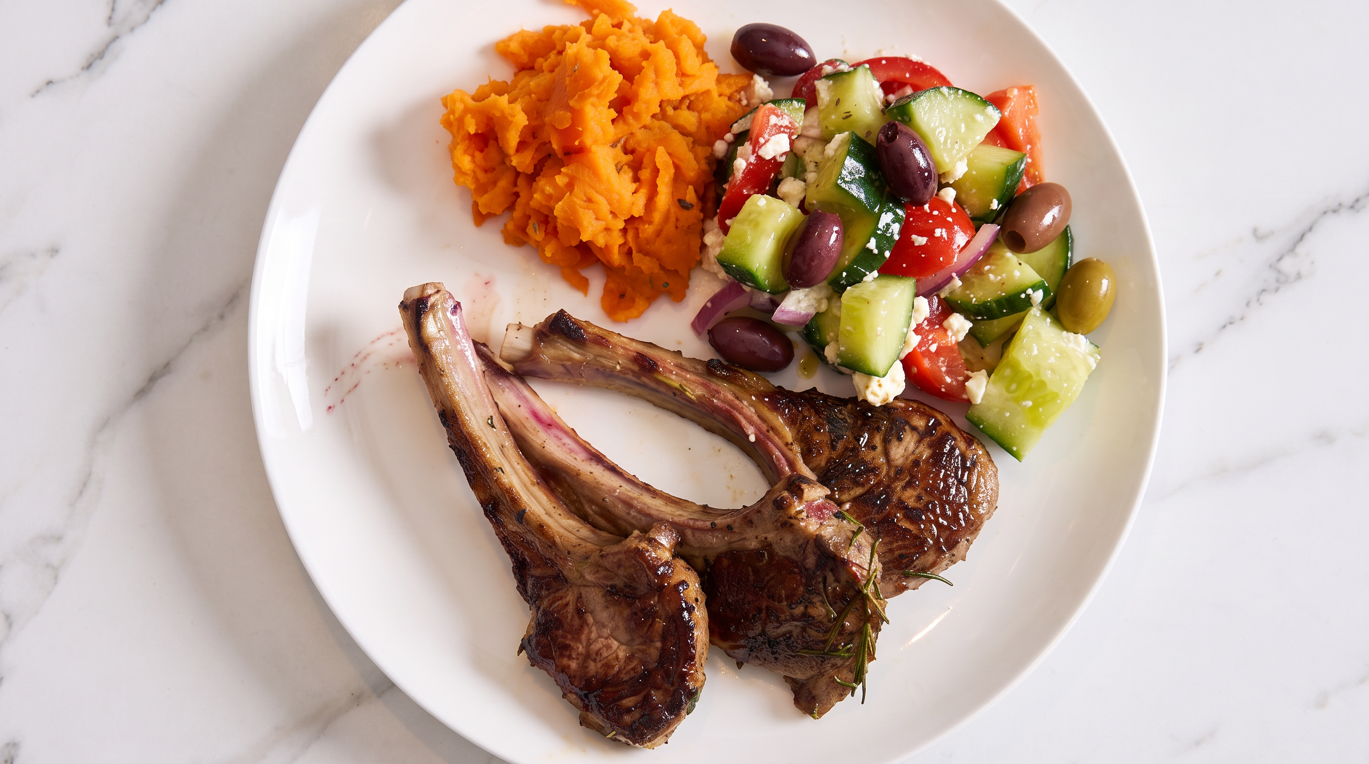 Greek Lamb Cutlets with Caramelised Sweet Potato–Pumpkin Mash & Greek Salad
