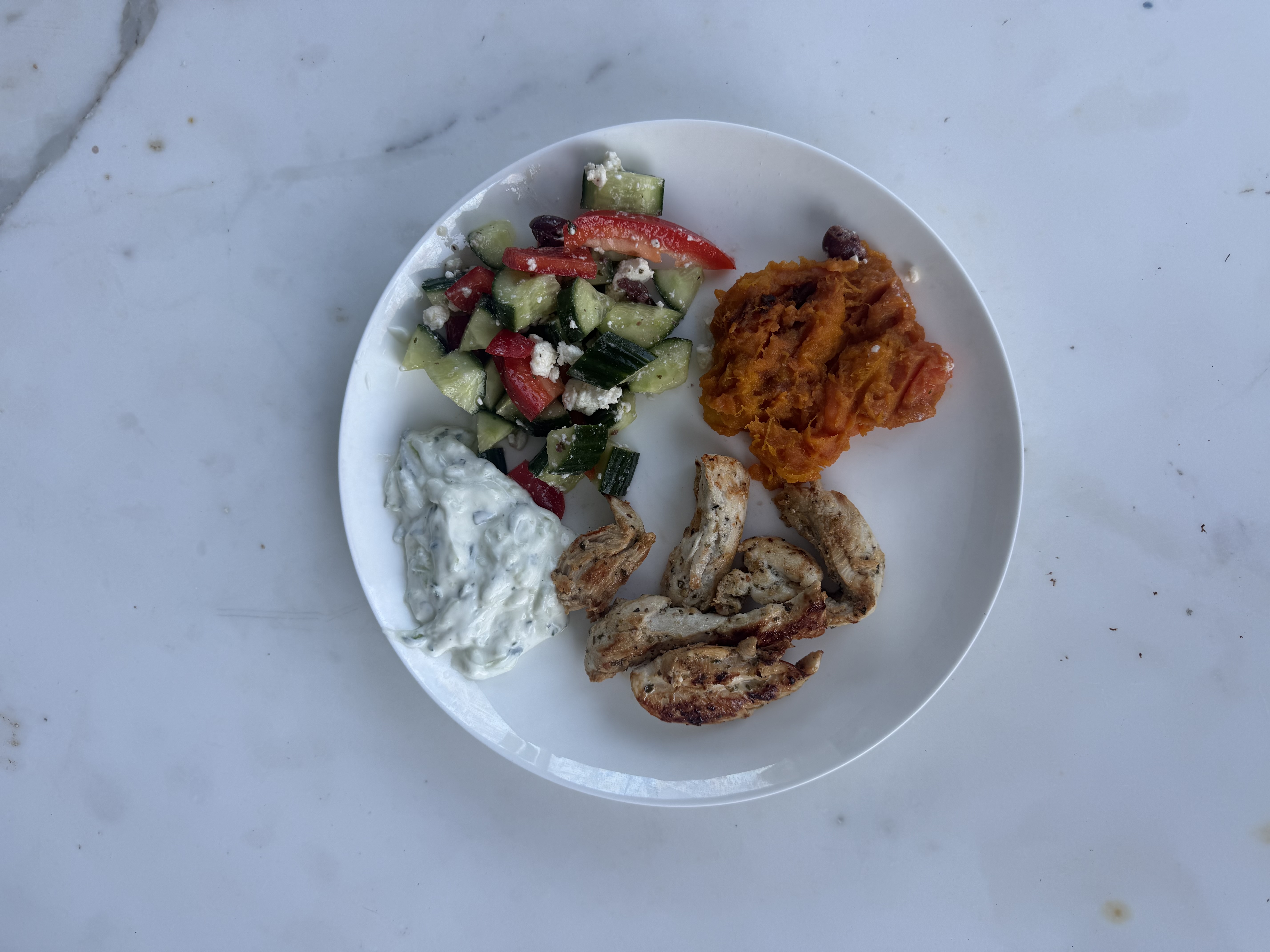 Greek Marinated Chicken with Greek Salad, Tzatziki & Caramelised Sweet Potato–Pumpkin Mash