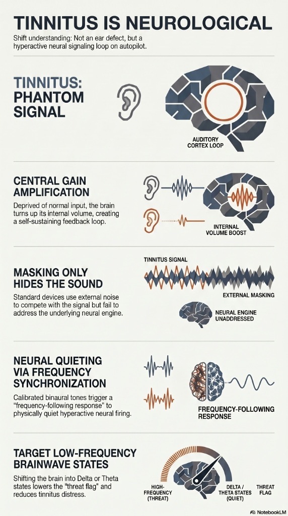 Tinnitus Is Neurological — infographic covering central gain amplification, masking limitations, and neural quieting via frequency synchronization
