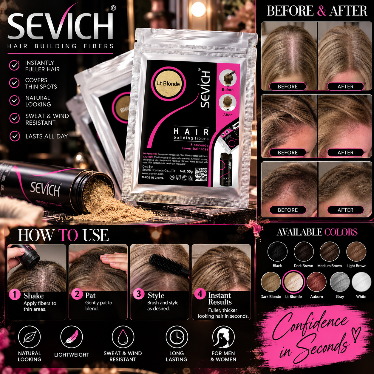 Sevich 100g Hair Fibers 10 Color Keratin Hair Building Fiber Powder Instant Hair