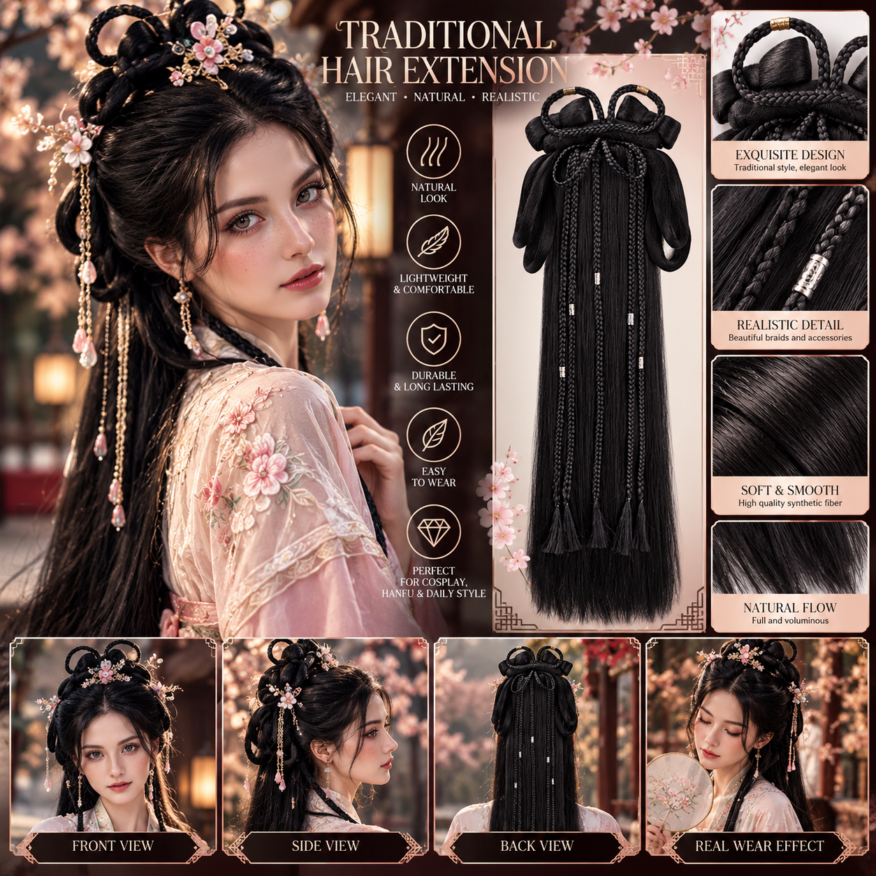 Synthetic Hanfu Ancient Style Headband Braid Integrated Headband Wig Women