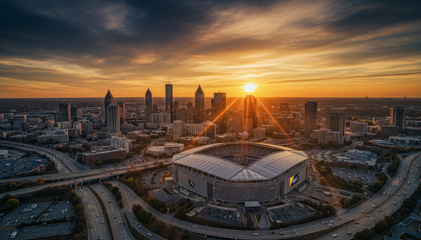 Atlanta skyline with Mercedes-Benz Stadium at golden hour