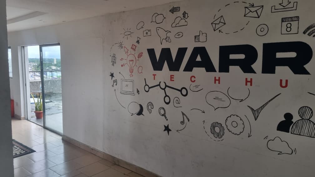 Feature wall with hub branding and line art