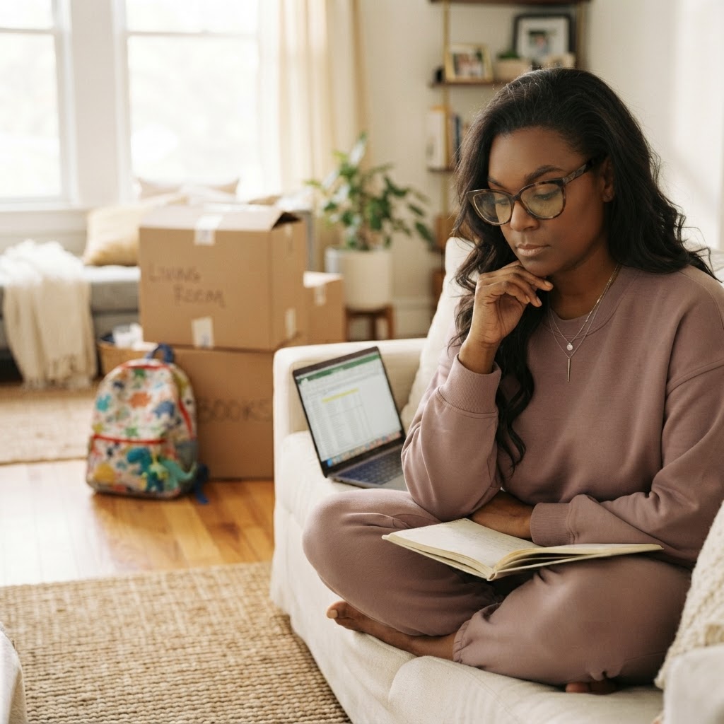 A woman in transition, sitting calmly with her notebook