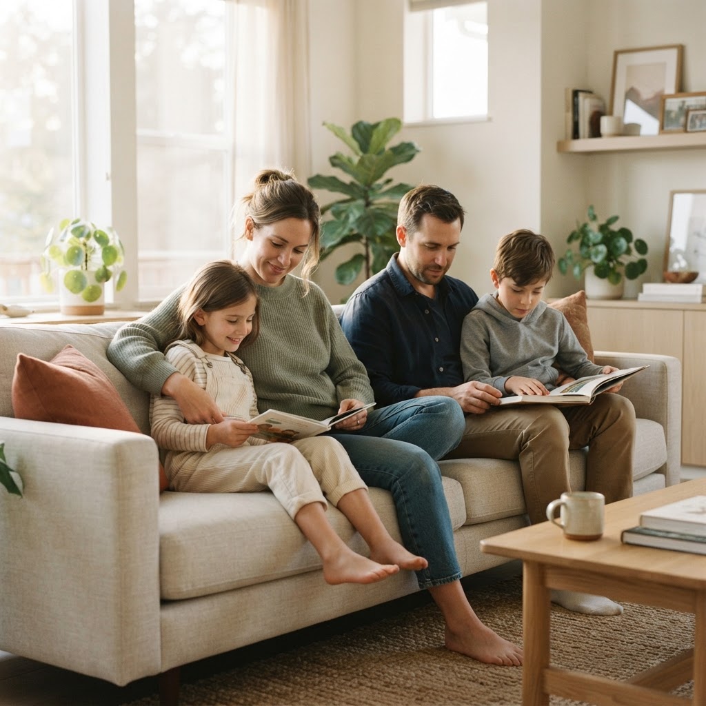 Familie mit zwei Kindern auf einem hellen Sofa im warmen Nachmittagslicht – Symbolbild (KI-generiert)