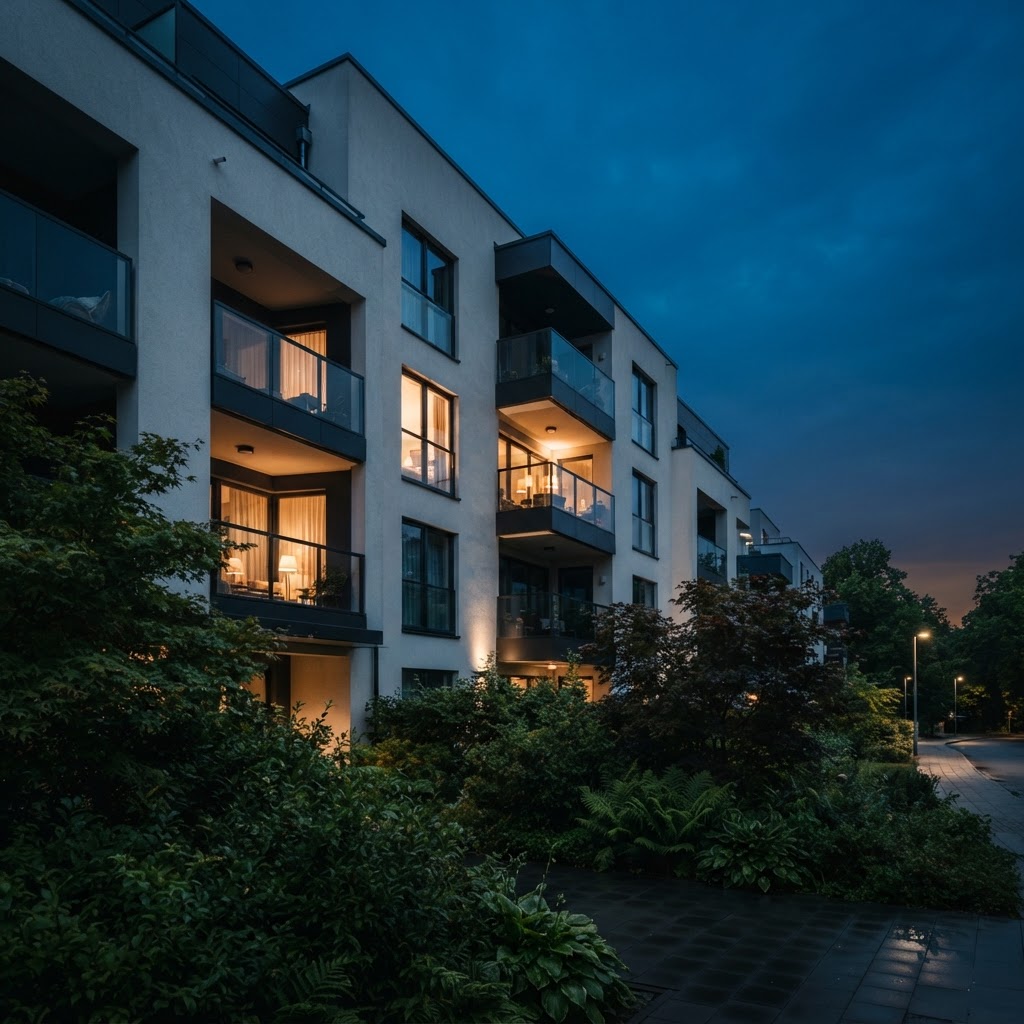 Wohngebäude in ruhiger Lage zur blauen Stunde, warmes Licht in einzelnen Fenstern – Symbolbild (KI-generiert)