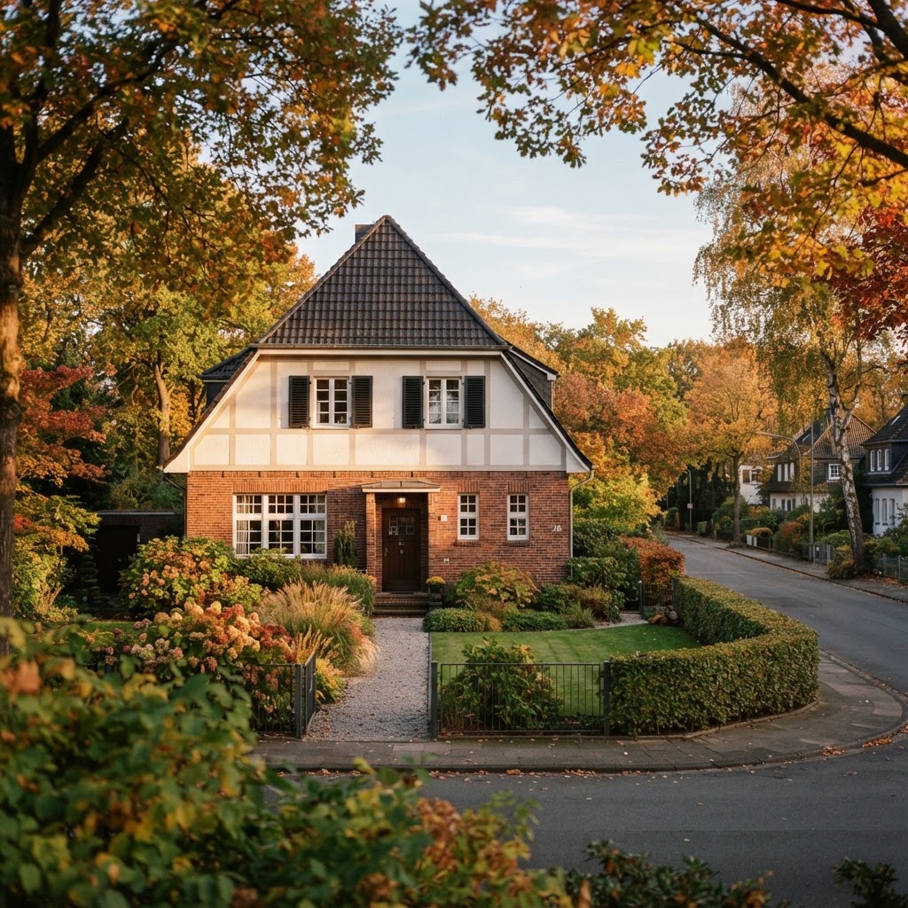 Einfamilienhaus in einer begrünten Wohnstraße mit alten Bäumen im warmen Nachmittagslicht – Symbolbild (KI-generiert)