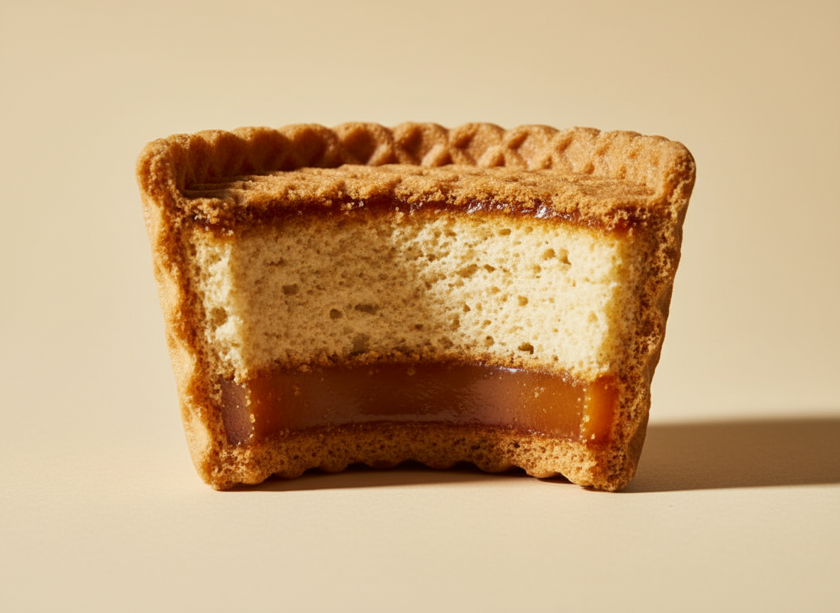 Cross section of an edible biscuit cup showing layered structure