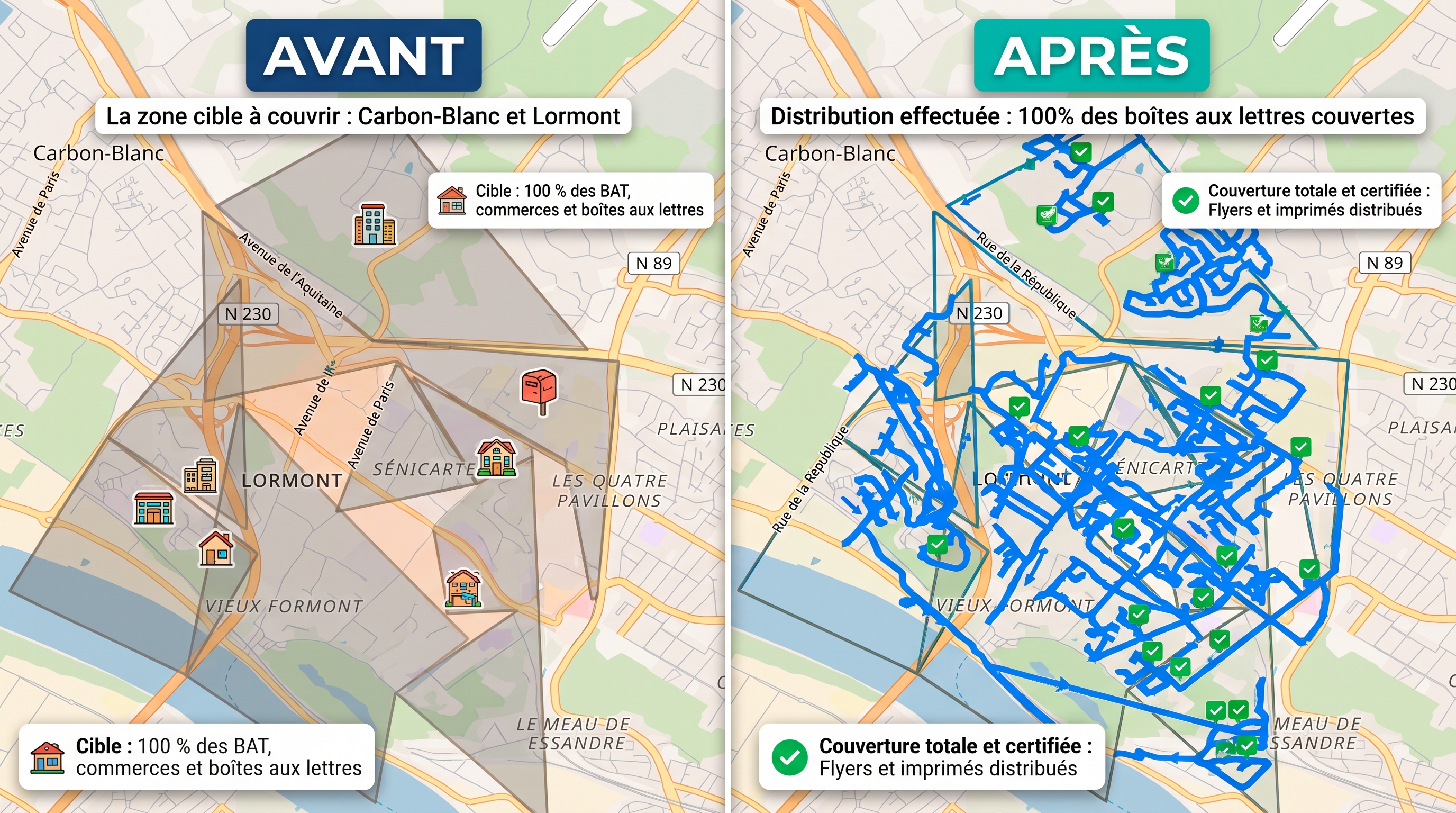 Carte avant / après — couverture 100 % des boîtes aux lettres, Carbon-Blanc et Lormont