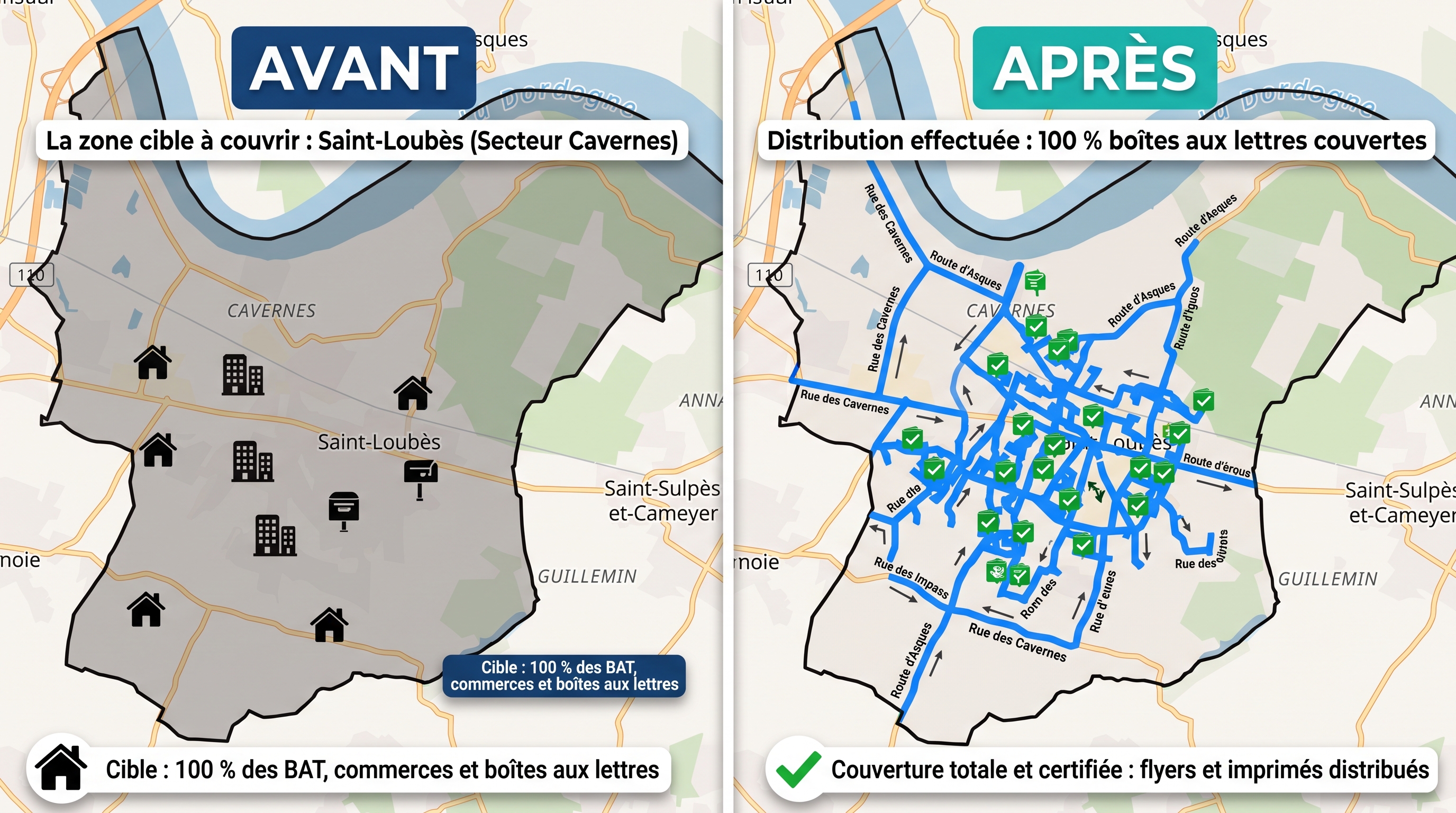 Carte avant / après — zone cible Saint-Loubès (Secteur Cavernes) et tracé GPS de la distribution