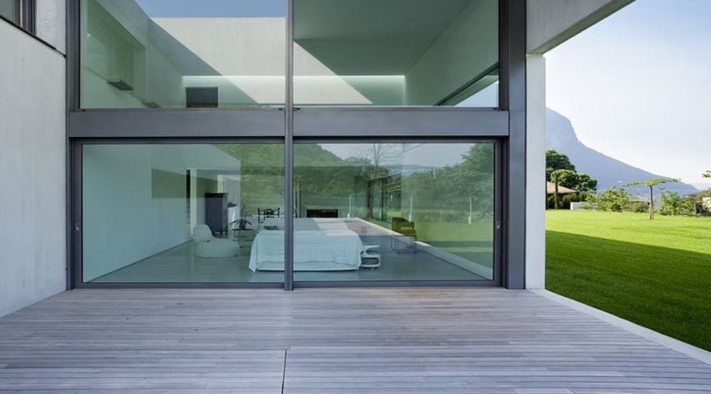 Grande baie vitrée en aluminium ouverte sur jardin