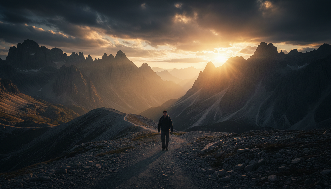 Lone figure walking across mountainous terrain at golden hour