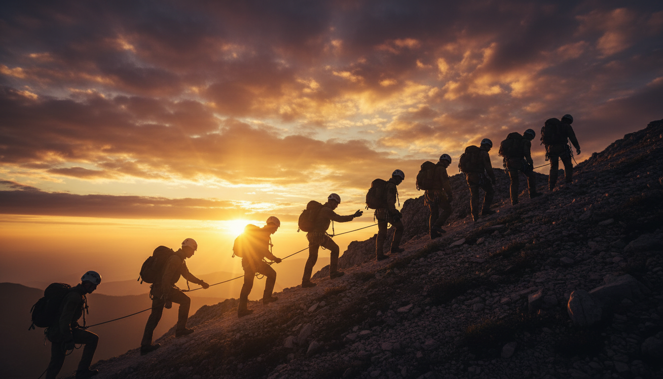Group climbing mountain together at sunrise