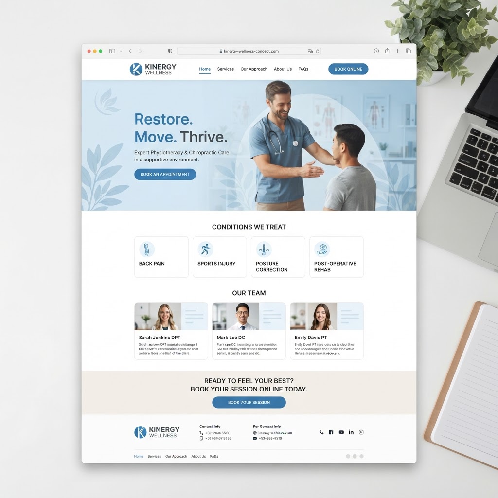 Concept website homepage mockup for a physiotherapy and chiropractic clinic