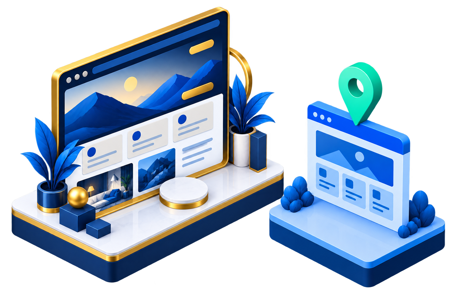 Isometric illustration of a professional services website with a location pin