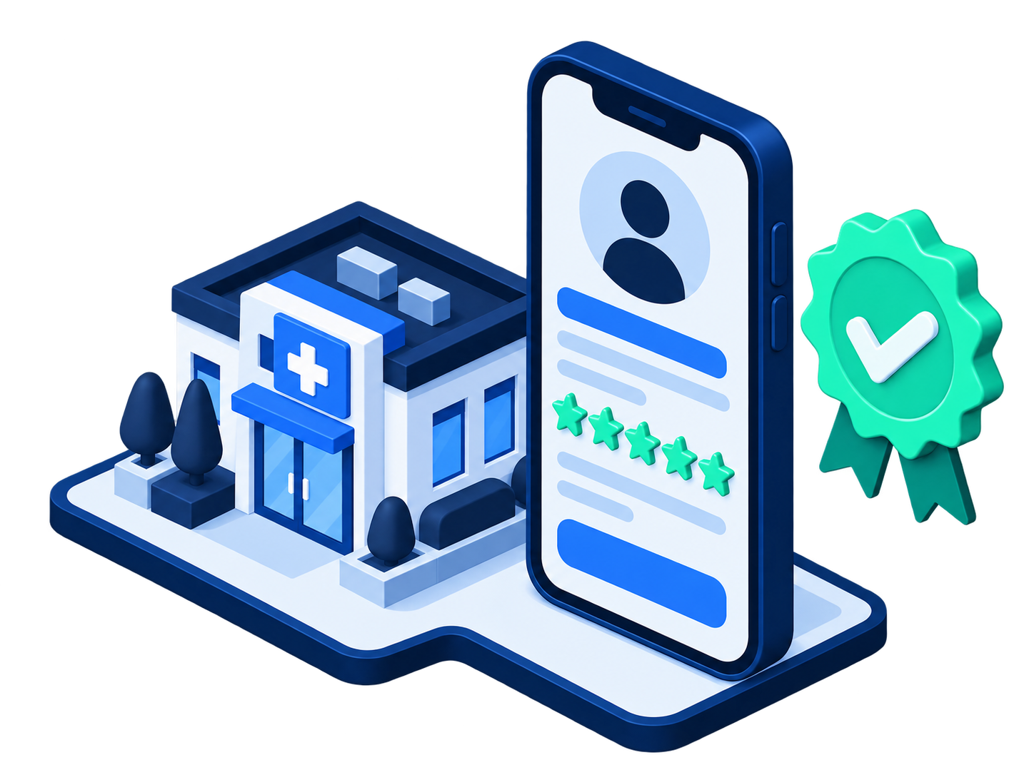 Isometric illustration of an aesthetics clinic building, a smartphone booking profile, and a certification badge