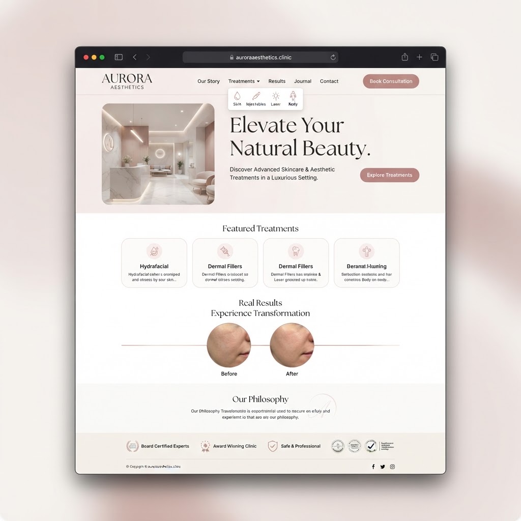 Concept website homepage mockup for an aesthetics and skin clinic