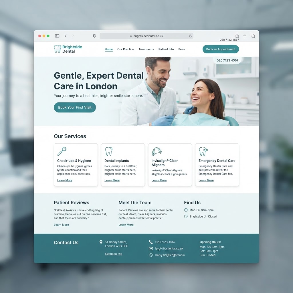 Concept website homepage mockup for a dental practice