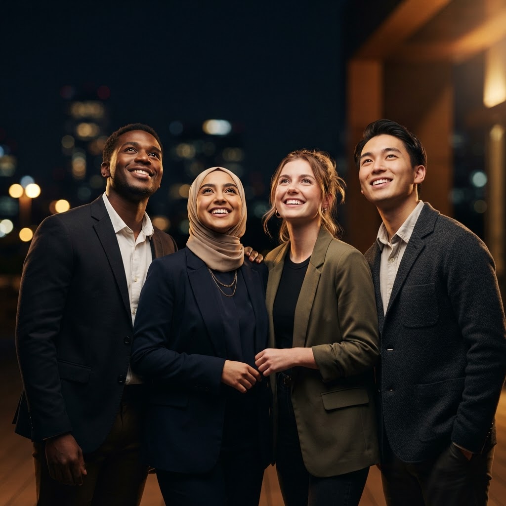 A group of smiling young professionals looking ahead to a brighter future in Canada