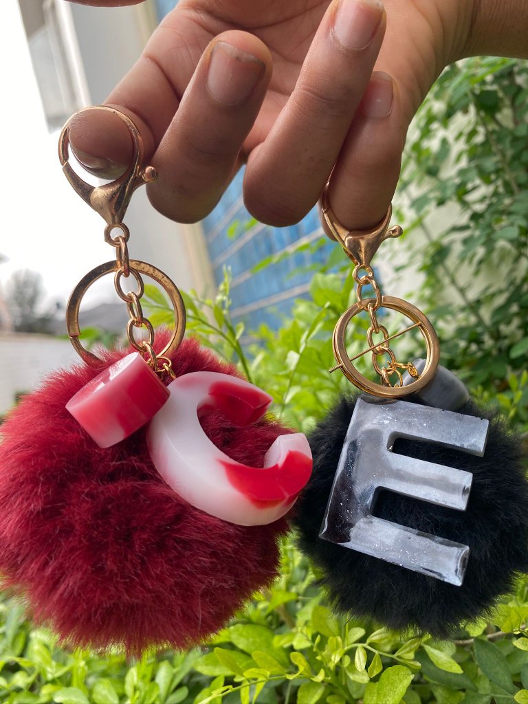 Resin Initial Pom Keychains