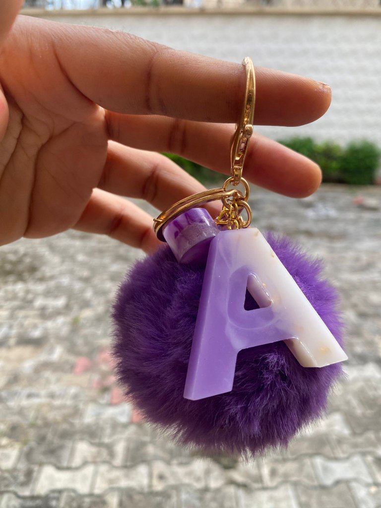 Purple Resin Initial Pom Keychain