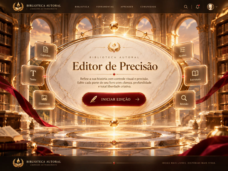 Editor de Precisão — medalhão de mármore com os módulos Capítulos, Texto, Elementos, Ajustes, Estrutura e Revisão, e o selo vermelho Iniciar Edição