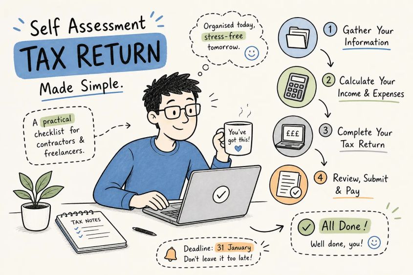 Self Assessment tax return checklist for contractors and freelancers: gather information, calculate income and expenses, complete, review, submit and pay