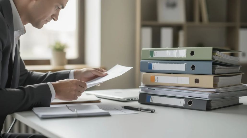 Professional reviewing tax documents and binders during an HMRC compliance check