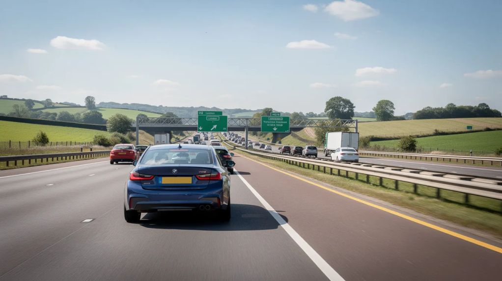 UK highway with directional signs for business travel and mileage expenses