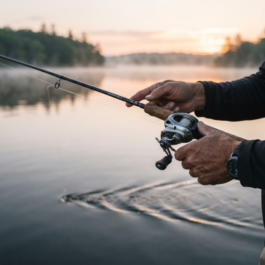 Angler working a baitcaster on a slow retrieve at dawn