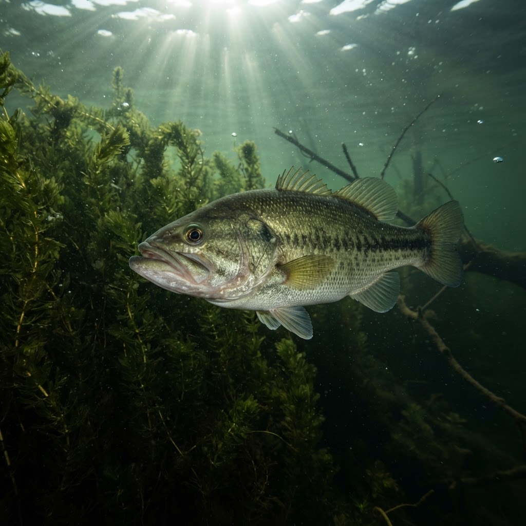 Largemouth bass holding beside a weed edge in stained lake water